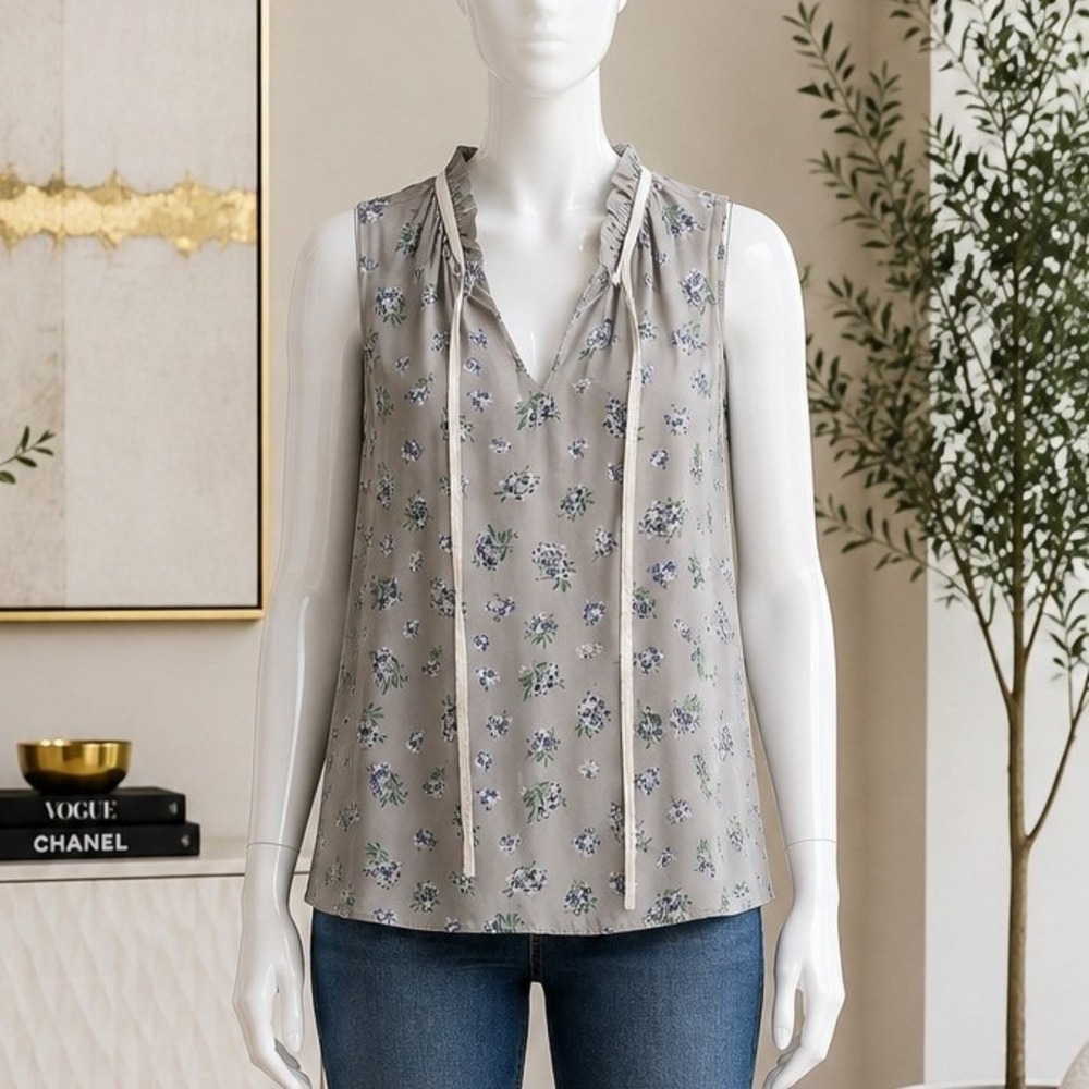 LOFT Outlet Womens Blouse Gray Floral Ruffle Tie Neck Sleeveless Small